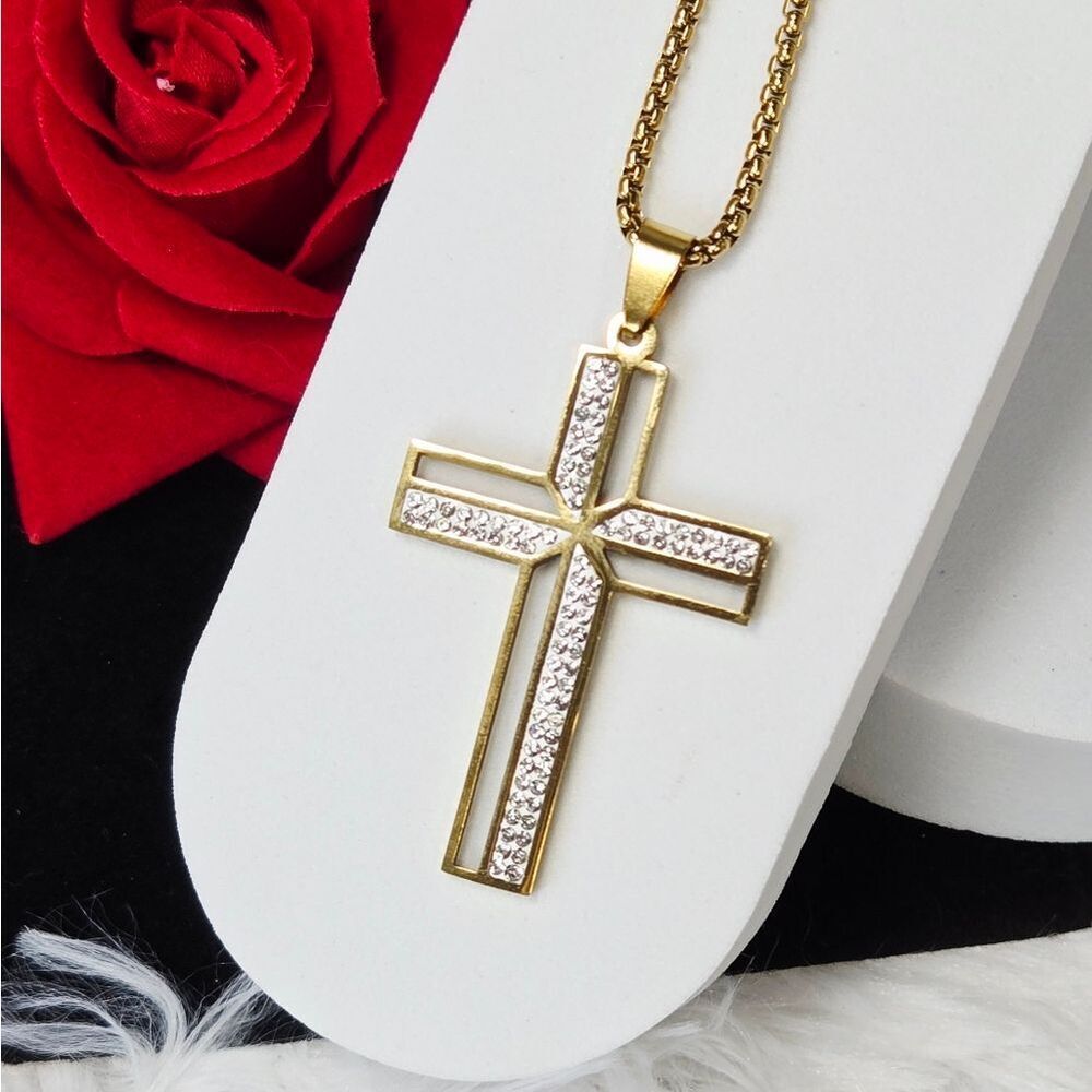 Crystal Cross Pendant Necklace Two Tone Gold Silver Stainless Steel CZ Faith